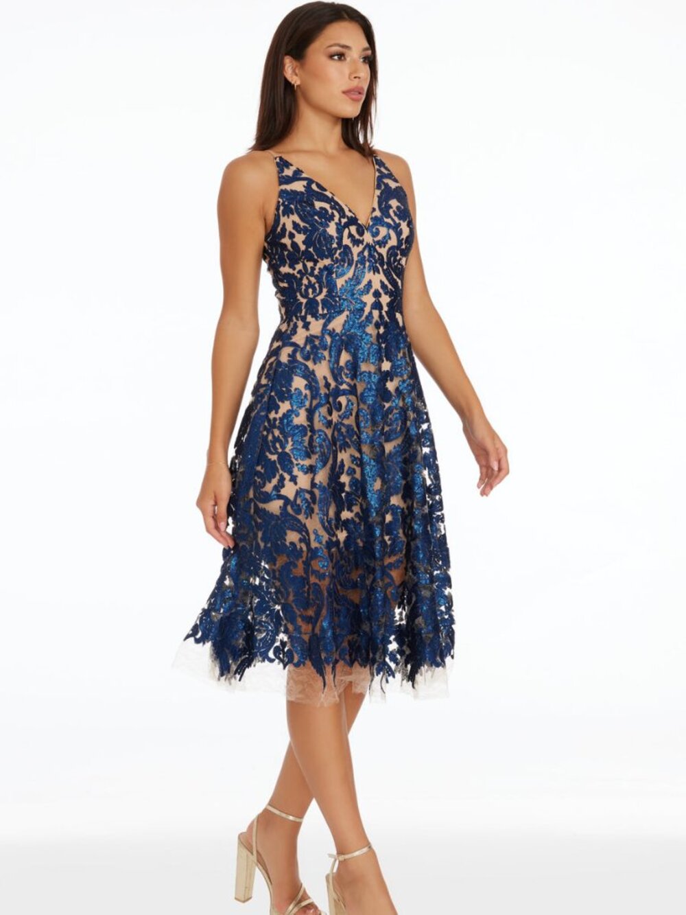 Dress The Population Blair Sequin Lace Midi Dress Cobalt Blue Nude Size Small